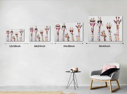 Bansky Graffiti Art Giraffes Family Wear Glasses Canvas Prints and Painting Giclee Art Wall Artwork for Living Room Office Wall Decoration Framed and Streched Ready to Hang - 24x36 inch