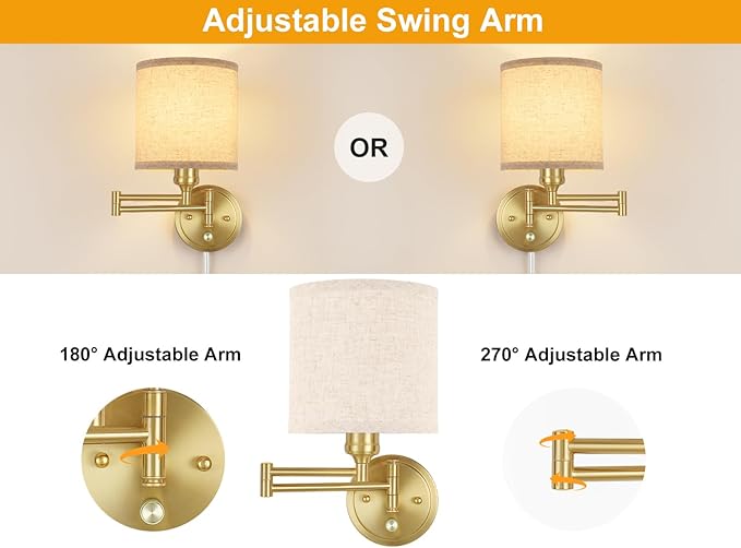 GOODATE Plug in Wall Sconces with Remote Control, Dimming & Adjustable Colors 2700K-6500K, Hardwire or Plug-in, Swing Arm Wall Lamp with Linen Fabric Shade, Wall Sconces Set of Two, Gold Finish