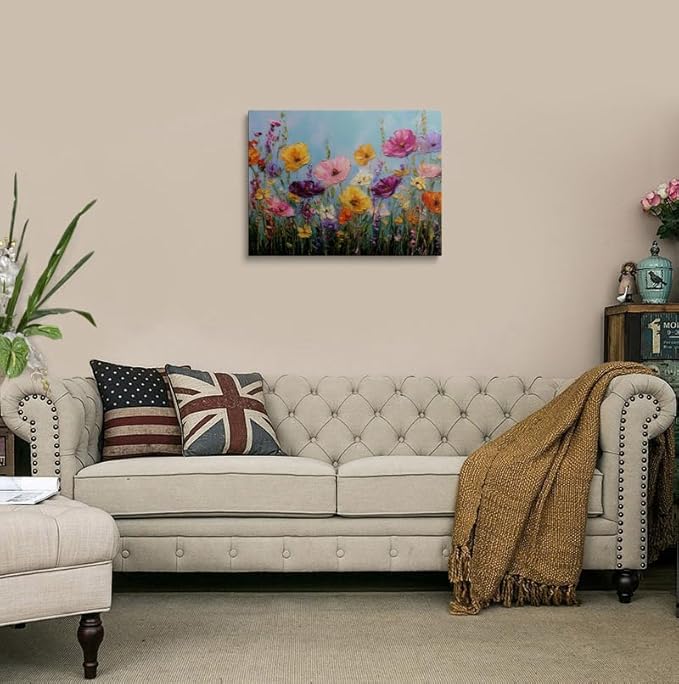 Vibrant Wildflower Poppy Canvas Wall Art Framed Painting Bold Impasto Style Bright Yellow Pink Orange Blooms Textured 3D Effect Cheerful Wall Decor Artwork for Bedroom Office 16x24 Inches