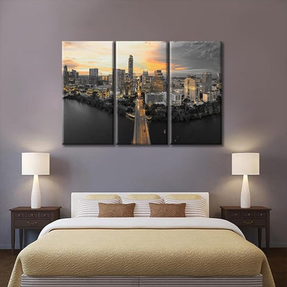 TUMOVO Austin Texas Skyline with Sunset Canvas Wall Art City Skyline Posters and Prints Bathroom Decor Wall Art 3 Panel Print on Canvas Stretched and Framed Ready to Hang (60" Wx40 H)
