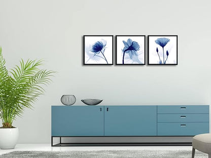 Wieco Art Framed Blue Abstract Flowers 3 Panels Canvas Prints Wall Art Modern Pictures Artwork for Living Room Bedroom Home and Office Decorations with Black Frame