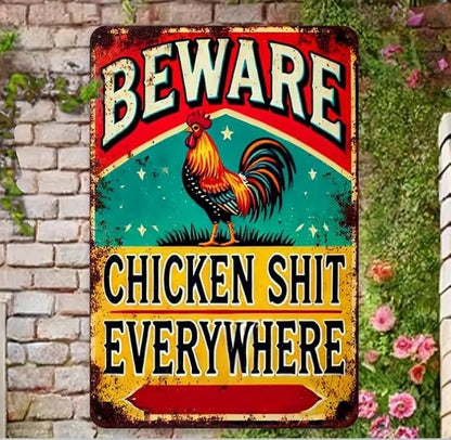 Vintage "Beware Chicken Shit Everywhere" Aluminum Sign, 8x12 Inch - Rustic Wall Decor Metal Plate for Outdoor, Patio, Backyard, Door, Garage, Home, Cafe, Bar, Club, Farmhouse, Garden Wall Art, Novelty Gift