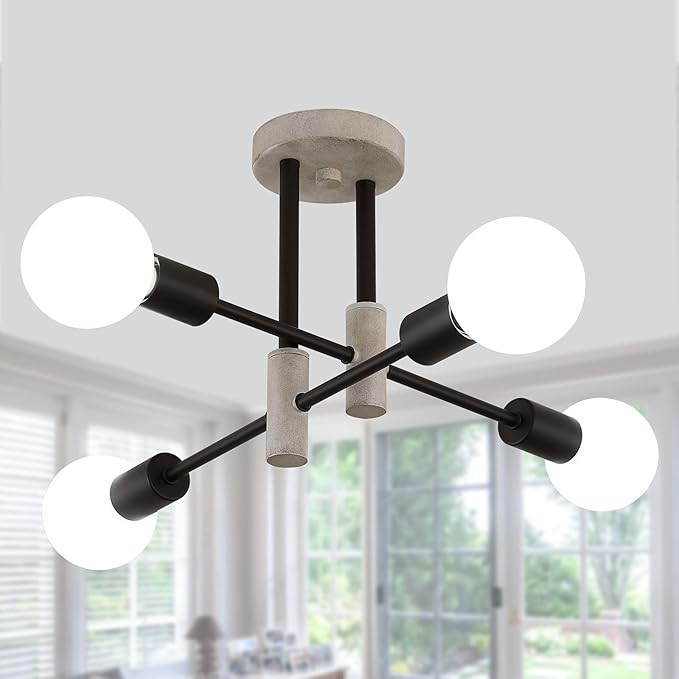 MEIXISUE Farmhouse Ceiling Light Fixtures,Oak+Black,4-Lights Rustic Vintage Metal Sputnik Chandelier for Bedroom Living Room Dining Room Kitchen Entryway Hallway Office UL Listed