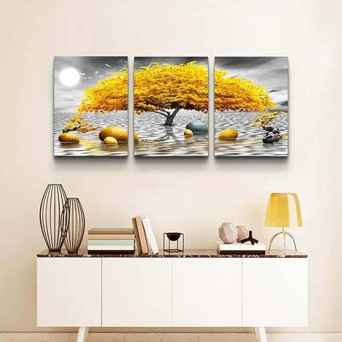 Wall decorations for living room Canvas Wall Art for bedroom Abstract wall decor Black and white Canvas Art Yellow tree paintings bathroom Home Decoration 3 Piece Hang Pictures Office Wall Artworks