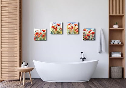 Red Poppy Floral Canvas Wall Art Bedroom Wall Decor Abstract Watercolor Poppies Picture for Living Room Bathroom Nature Botanical Paintings Prints Poster Wildflower Artwork Home Decoration 12x12” 4Pcs