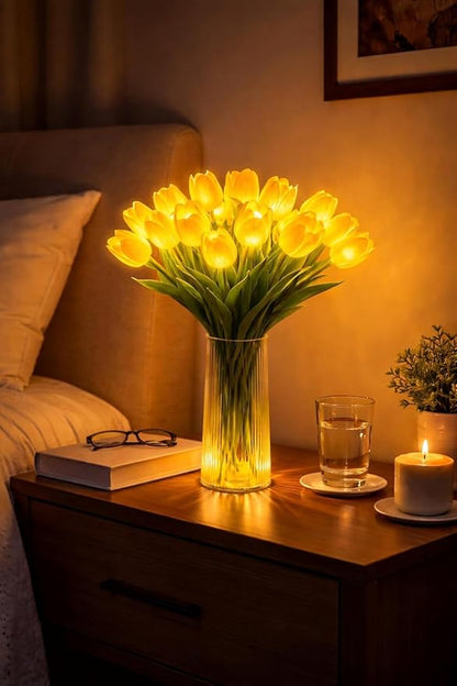 Radiant Romantic Tulip Light with a Vase, 15 PCS Twinkling Tree Tulips Led Night Light that Never Fade, Flower Shaped Ambient Night Lamp for Bedroom Bedside Decor & Gift (White(with Vase))