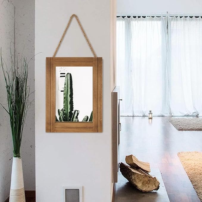 Rectangle Wall Mirror for Bathroom, Distressed White Wood Decor with Hanging Rope for Rustic Home Decor, Vanity, Living Room 12"×16"（Wooden）