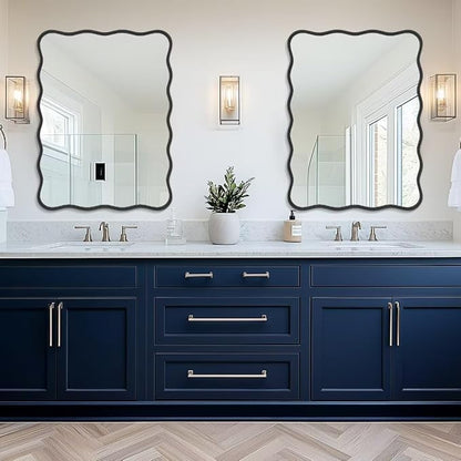 PROHOMEWARE 28 * 40" Black Bathroom Mirror for Wall,Wavy Rectangular Mirror,Vanity Mirror,Bathroom Mirrors for Wall-Mounted Metal Frame Mirror for Bedroom Entryway Living Room Farmhouse (Black)