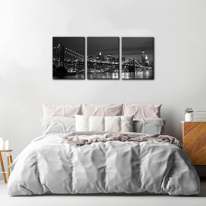 Pacimo New York Brooklyn Bridge Canvas Wall Art 3 Panels Night View Modern Landscape Artwork Cityscape Pictures Prints on Canvas Wall Decor for Home & Office Decoration - 12 x 16 inch x 3