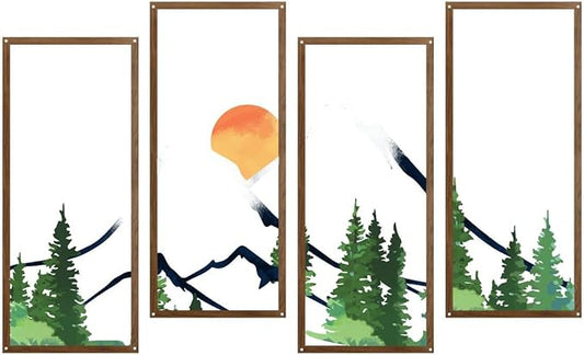 ruelen 4 Pcs Metal Sunset Mountain Forest Wall Art Mountain Line Decor Abstract Minimalist Wall Sculpture Rustic Nature Wall Decor for Home Office Bathroom Bedroom Living Room (Green)