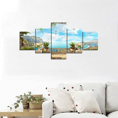 Modern European Landscape Ocean Painting 5 Panels Combination Set Wall Art Canvas Pictures for Home Decoration Living Room Bedroom Posters and Prints Gallery-wrapped Framed Stretched (50''W x 24''H)