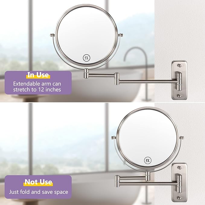 Wall Mounted Makeup Mirror, 1X/5X Magnifying Mirror Double Sided, 8 Inch Extendable Bathroom Mirror for Shaving, Nickel