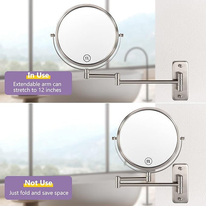 Wall Mounted Makeup Mirror, 1X/5X Magnifying Mirror Double Sided, 8 Inch Extendable Bathroom Mirror for Shaving, Nickel