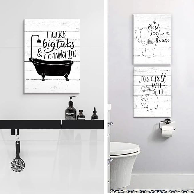 Funny Bathroom Canvas Wall Art Black and White Toilet Bathtub Bath Set Poster Print 3 Pieces Bathroom Quotes Painting Retro Wood Style Artwork for Restroom Farmhouse Bath Bathroom Decor 12"x16"(30x40cm)