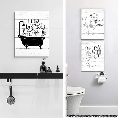 Funny Bathroom Canvas Wall Art Black and White Toilet Bathtub Bath Set Poster Print 3 Pieces Bathroom Quotes Painting Retro Wood Style Artwork for Restroom Farmhouse Bath Bathroom Decor 12"x16"(30x40cm)