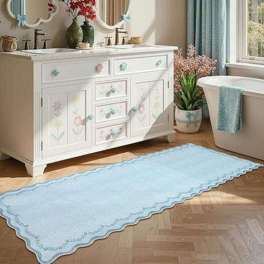 GarveeHome 2.5x8 Scalloped Washable Runner Rug for Kitchen, Soft Blue Long Hallway Runner Non Slip Entryway Rug Farmhouse Thin Laundry Mat Stain Resistant Carpet for Bathroom Beside Rug