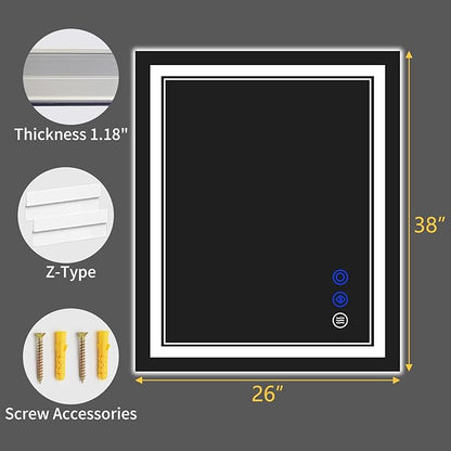 38"x26" LED Bathroom Mirror with Anti-Fog, Stepless Dimmable Lights, 3 Color Modes, Shatter-Proof Tempered Glass,Waterproof Design