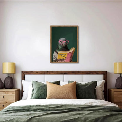 Framed Funny Pigeon Wall Art, Humorous Bird Reading Wall Decor Paintings, Pooping on People Book Pictures Canvas Print Eclectic Home Decor for Bathroom Living Room Office Dorm 16x24 inch