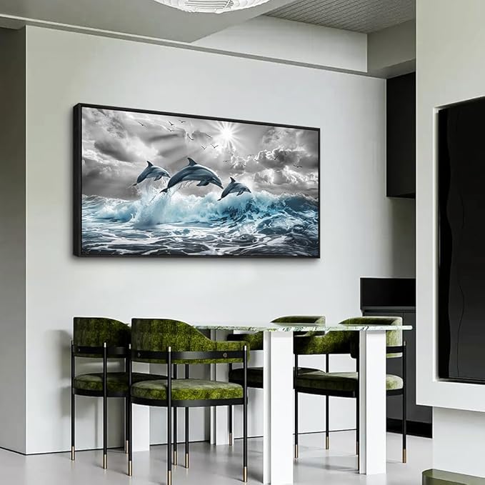 hyidecorart Wall Art For Living Room Large Wall Decor For Bedroom Modern Home Decoration Office Canvas Art Print Artwork Dolphins Seascape Wall Paintings Blue wave Pictures Black Framed 20X40