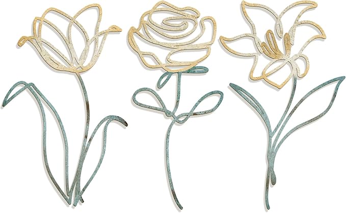 Oubasa Metal Flowers Wall Art Set of 3, Farmhouse Floral Home Decoration, Modern Line Art Flower Wall Decor for Living Room Bedroom Bathroom, Minimalist Botanical Wall Sculpture – Lily, Tulip, Rose