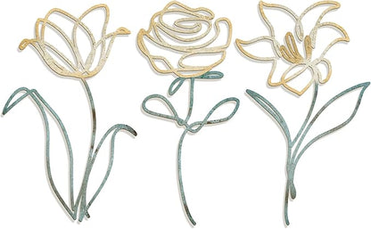 Oubasa Metal Flowers Wall Art Set of 3, Farmhouse Floral Home Decoration, Modern Line Art Flower Wall Decor for Living Room Bedroom Bathroom, Minimalist Botanical Wall Sculpture – Lily, Tulip, Rose