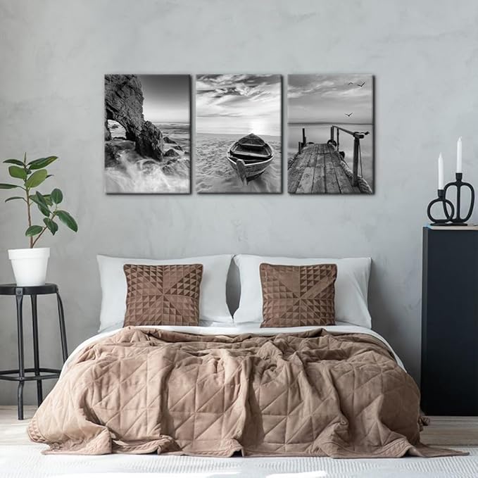 Pacimo 3 Panels Set Framed Canvas Wall Art Print for Seascape Beach and Boat Sunrise Scenery Black and White Giclee Canvas Print Modern Artwork for Wall Decor Ready to Hang - 20"x28"x3 Panels
