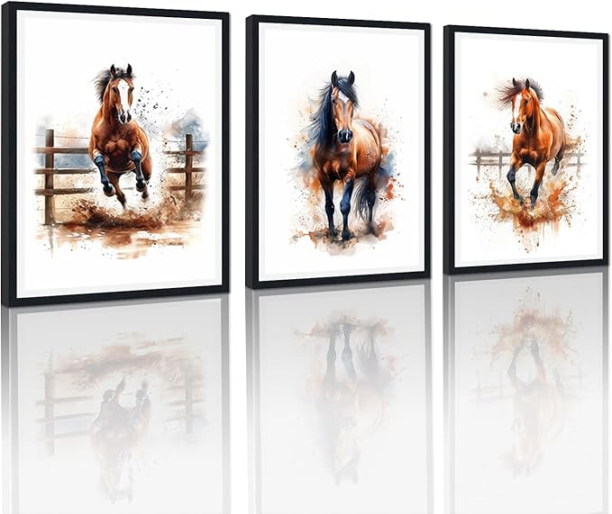 3 Plane Farmhouse Horse Framed Canvas Wall Art Running Horses Decor for Country House Apartment Living Room Watercolor Vintage Animal Portrait Print Artwork Wall Decor Easy to Hand 12x16inchx3pcs