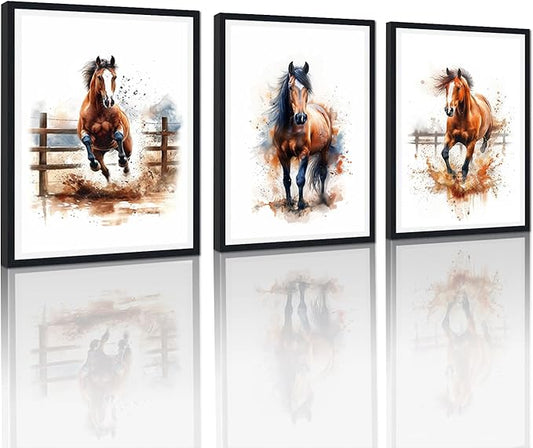 3 Plane Farmhouse Horse Framed Canvas Wall Art Running Horses Decor for Country House Apartment Living Room Watercolor Vintage Animal Portrait Print Artwork Wall Decor Easy to Hand 12x16inchx3pcs