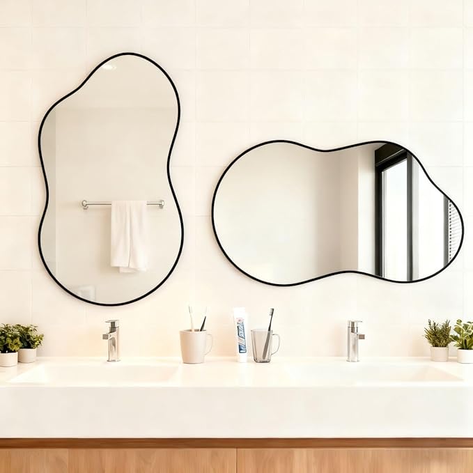 Itrue 20x36 Inch Black Framed Irregular Tempered Glass Wall Mirror, Asymmetrical Vanity Mirror for Bathroom, Bedroom, Entryway