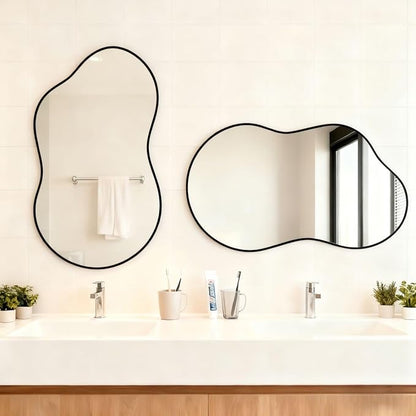 Itrue 20x36 Inch Black Framed Irregular Tempered Glass Wall Mirror, Asymmetrical Vanity Mirror for Bathroom, Bedroom, Entryway
