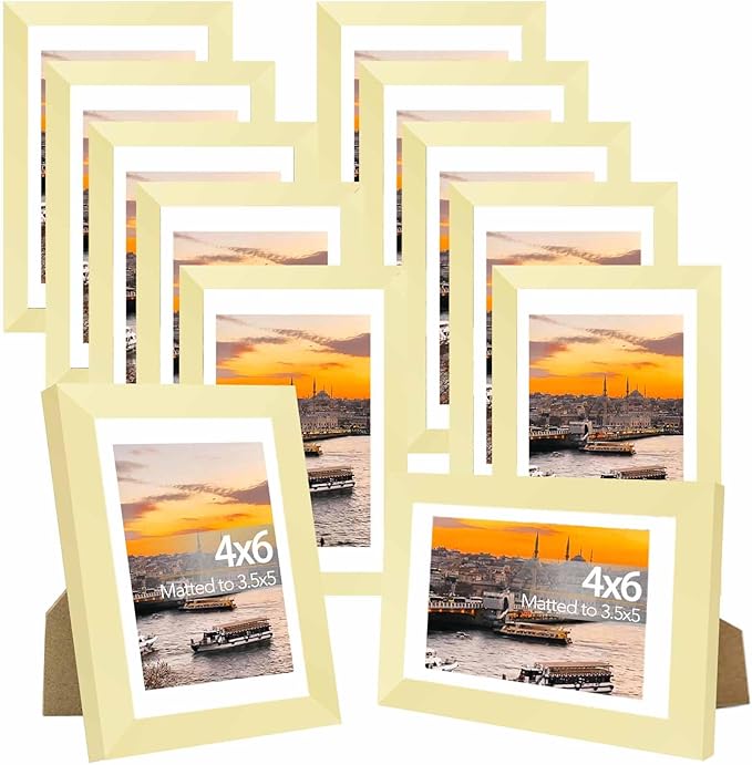 JCJMY 12 Packs 4x6 Picture Frames Bulk, Display 3.5x5 with Mat or 4x6 Without Mat, Gold Gallery Frame Set, 4 by 6 Frames Bulk Set of 12, Collage Wall Decor Photo Frame Set for Wall and Tabletop, Gold