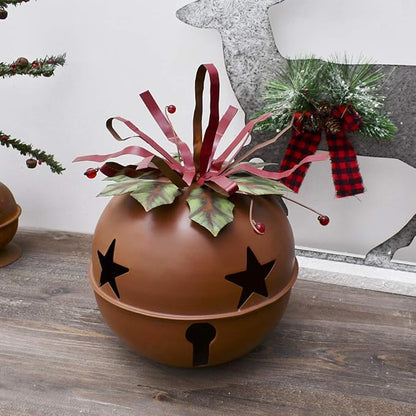 Attraction Design Large Rustic Red Christmas Jingle Bell Decoration, 8.5 X 8.5 Inch Metal Star Cutout Hanging Ornament