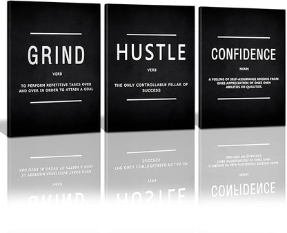 KAWAHONE Motivational Success Canvas Wall Art, Grind Hustle Confidence Wall Decor Framed Inspirational Entrepreneurs Painting Prints Quotes Poster for Office Workplace Ready to Hang