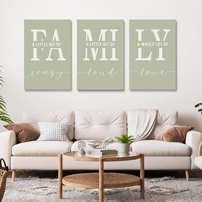 GUBIYU Farmhouse Family Wall Art Set of 3, Home Love Framed Canvas Prints for Living Room, Dining Room Decor, Sage Green 20"X28"