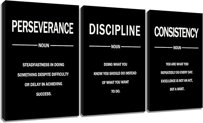 Perseverance Discipline Consistency Posters Inspirational Canvas Wall Art 3 Pieces Motivational Office Wall Decor Painting Artwork for Home Living Room Gym Stretched and Framed [48''W x 24''H]