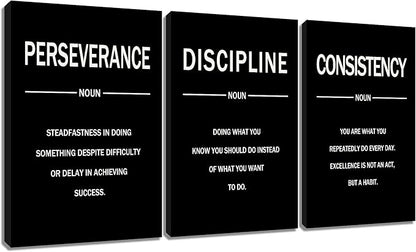 Perseverance Discipline Consistency Posters Inspirational Canvas Wall Art 3 Pieces Motivational Office Wall Decor Painting Artwork for Home Living Room Gym Stretched and Framed [48''W x 24''H]