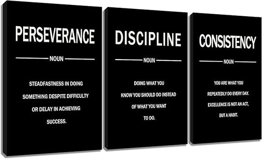 Perseverance Discipline Consistency Posters Inspirational Canvas Wall Art 3 Pieces Motivational Office Wall Decor Painting Artwork for Home Living Room Gym Stretched and Framed [48''W x 24''H]