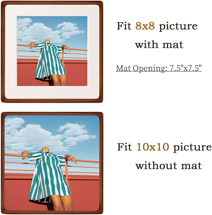 FLECHAZO 10x10 Picture Frame, Natural Walnut Wood 10x10 Frame with Mat for Pictures 8x8, Square Wall Gallery Photo Frame for Wall Mounting and Tabletop Display