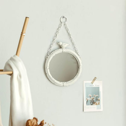 NIKKY HOME 6.7 Inch Decorative Small Hanging Mirrors Vintage Rustic Round Metal Framed Wall Mounted Mirror Decor with Bird for Bathroom Living Room Office, Rustic White