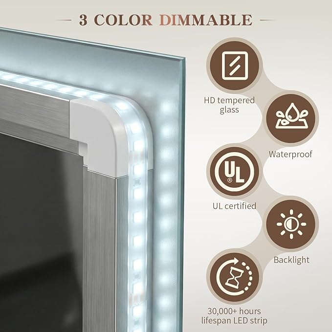 EOGOW LED Bathroom Mirror with Lights,32'' x 24''Backlit LED Mirror for Bathrooms with Anti-Fog,Dimmable,3 Colors Bathroom Mirror, Wall Mounted Horizontal/Vertical Vanity Mirrors,Tempered Glass