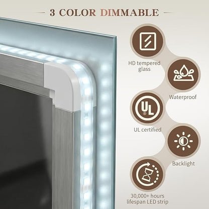 EOGOW LED Bathroom Mirror with Lights,48"x36"Backlit LED Mirror for Bathrooms with Anti-Fog,Dimmable,3 Colors Bathroom Mirror, Wall Mounted Horizontal/Vertical Vanity Mirrors,Tempered Glass