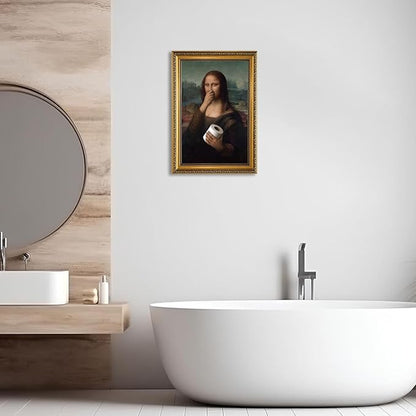 YD&YZY Gold Framed Bathroom Wall Art Mona Lisa Humor Amusing Toilet Art Pinching Nose Wall Decor Funny Vintage Painting Picture Print Whimsical Artwork Bathroom Restroom 16x24 inch Framed