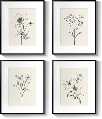 Framed Black and White Botanical Wall Art for Bathroom, 4 Piece Minimalist Floral Plant Artwork for Walls, Vintage Farmhouse Flower Picture Prints for Bedroom Kitchen Living Room Wall Decor, 8x10 Inch