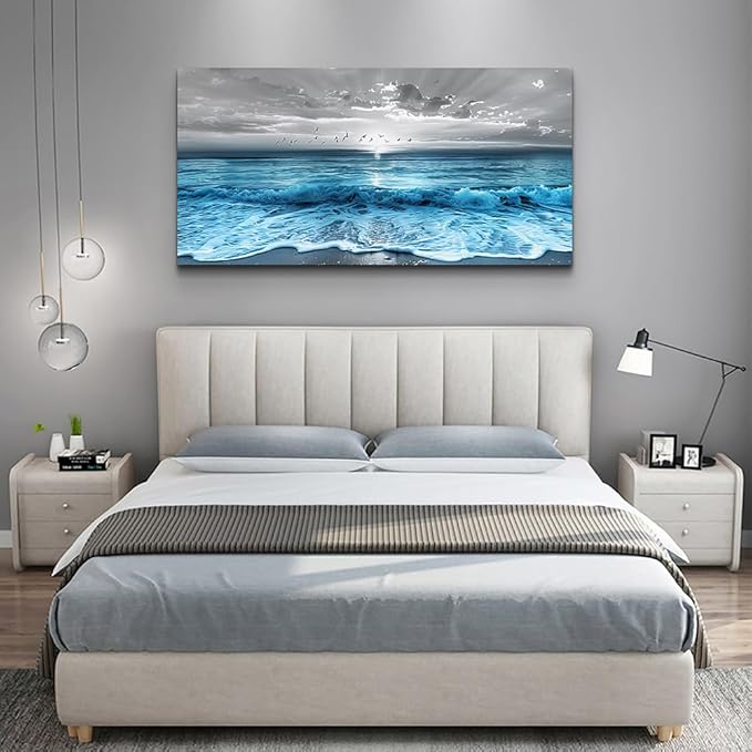 ERQINHUA Wall Decor For Living Room Canvas Wall Art For Bedroom Office Decorations Blue Sea Wave Ocean Paintings Beach Wall Pictures Canvas Artworks Modern Home Decor Mural Ready To Hang 20"X40"