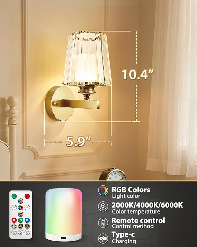 Adetu Crystal Wall Sconces Set of Two, Battery Operated Wall Sconce with 10000mAh Dimmable Magnetic Bulbs and Remote, RGB Rechargeable Wall Lights for Bedroom Living Room Hallway Decor