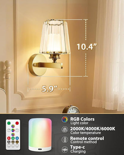 Adetu Crystal Wall Sconces Set of Two, Battery Operated Wall Sconce with 10000mAh Dimmable Magnetic Bulbs and Remote, RGB Rechargeable Wall Lights for Bedroom Living Room Hallway Decor