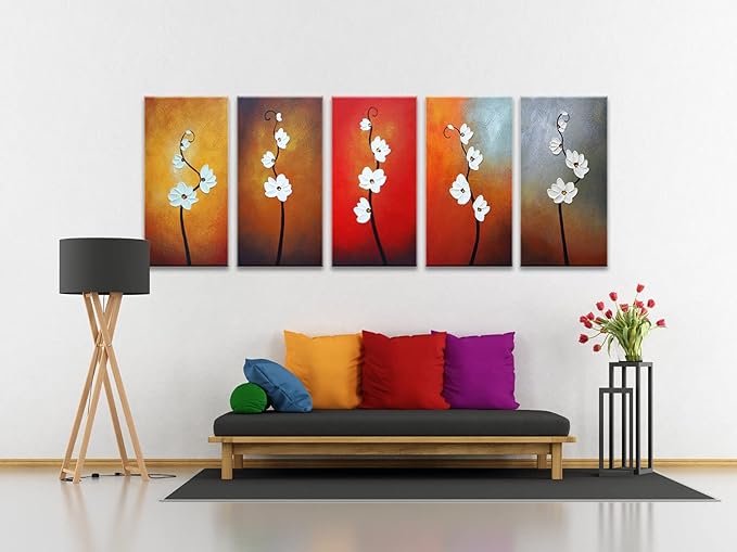 Wieco Art Colorful Flowers Oil Painting on Canvas Wall Art Ready to Hang for Living Room Bedroom Home Decoration Modern 5 Piece 100% Hand Painted Gallery Wrapped Contemporary Abstract Floral