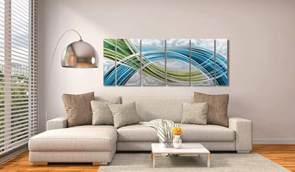 Yihui Arts Abstract Metal Wall Art - Hand Crafted 5 Pieces Panels Large Big Blue Teal Silver Unique 3D Aluminum Modern Contemporary Home Accent
