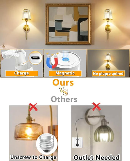 Adetu Crystal Battery Operated Wall Sconces Set of Two, Gold Rechargeable Wall Lights with 10000mAh Dimmable Magnetic Bulb, RGB Rechargeable Battery Wall Sconce with Remote Control for Bedroom Decor