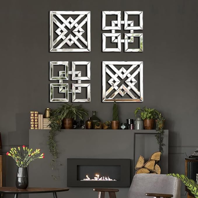 QMDECOR 2 Pack Silver Mirrored Square Wall-Mounted Mirrors Modern Glam Accent Decor for Home